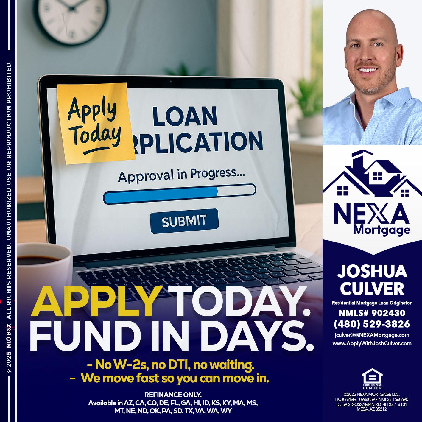 APPLY TODAY - Joshua Culver -Residential Mortgage Loan Originator & Recruiter