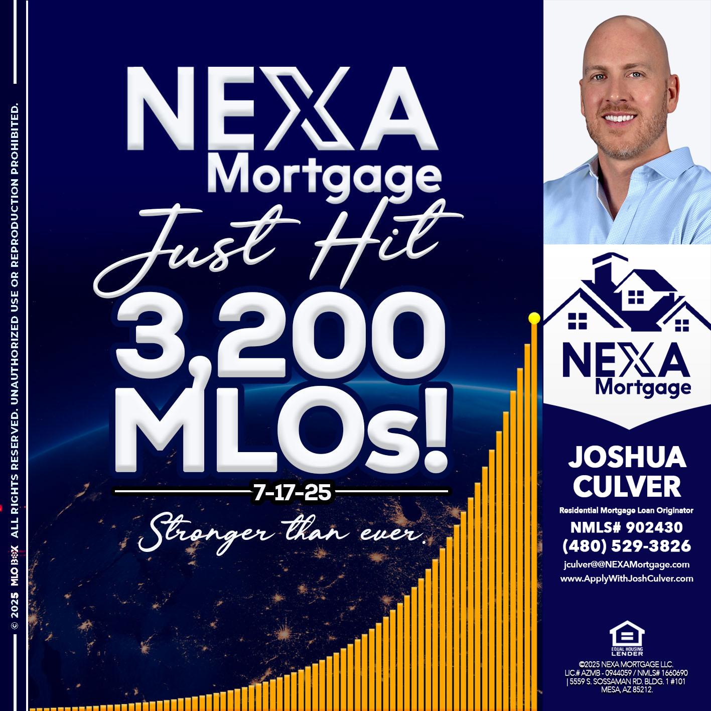 JUST HIT 3,200 MLOs - Joshua Culver -Residential Mortgage Loan Originator & Recruiter