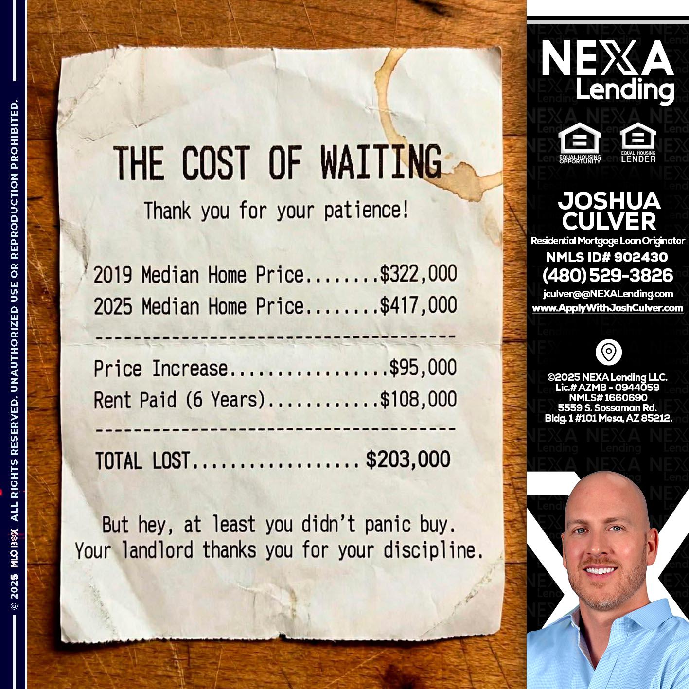 THE COST OF WAITING - Joshua Culver -Residential Mortgage Loan Originator & Recruiter