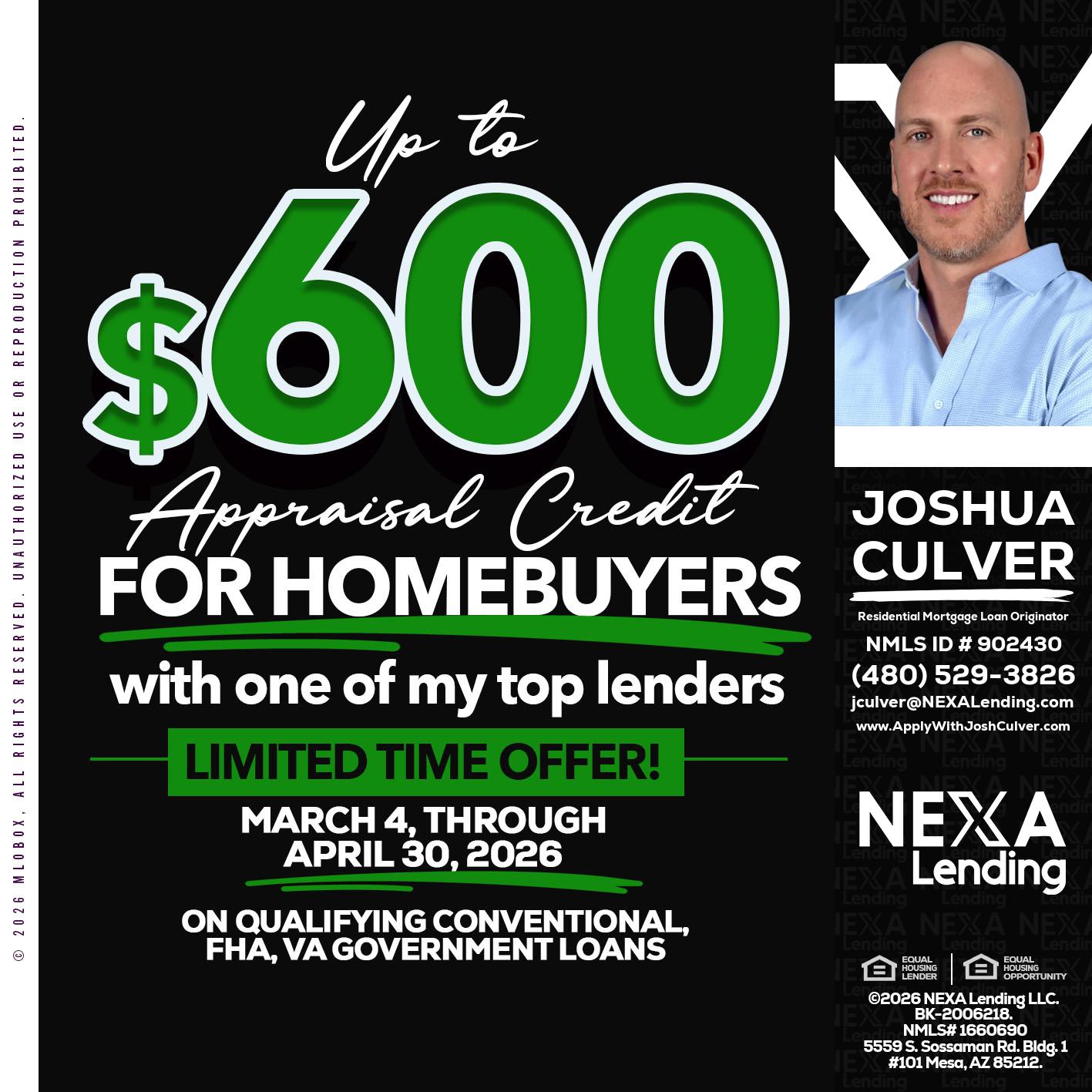 up to $600 - Joshua Culver -Residential Mortgage Loan Originator & Recruiter
