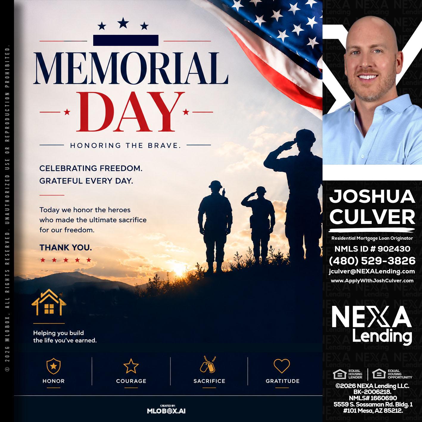 MEMORIAL DAY - Joshua Culver -Residential Mortgage Loan Originator & Recruiter